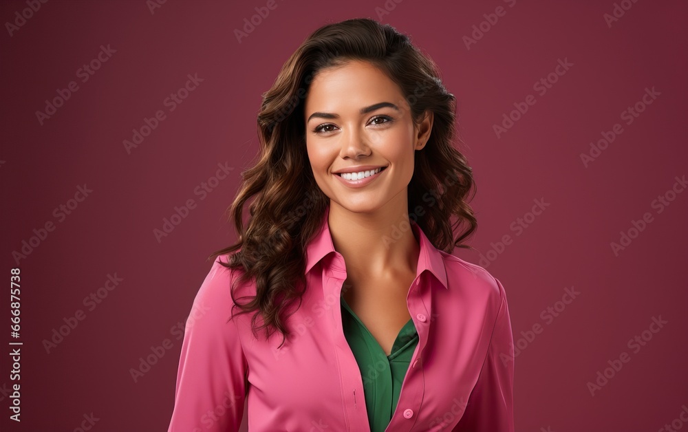 Portrait of businesswoman with enthusiastic face expression, smiling, looking confident, standing in suit over pink background Portrait of businesswoman with enthusiastic face expression, smiling, looking confident, standing in suit over pink background