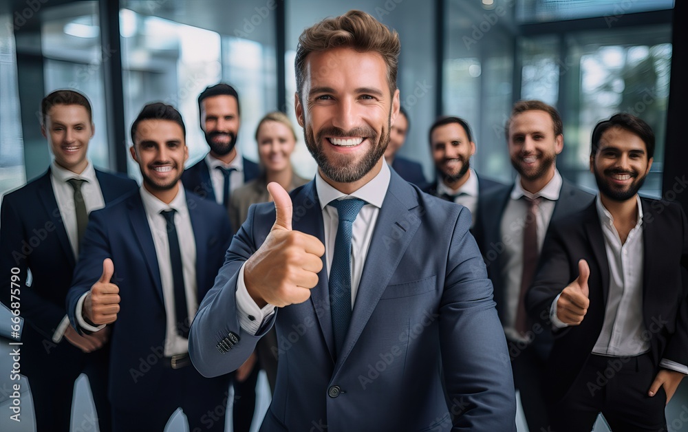 Businessman thump up standing and smile, over big group of businesspeople background Businessman thump up standing and smile, over big group of businesspeople background