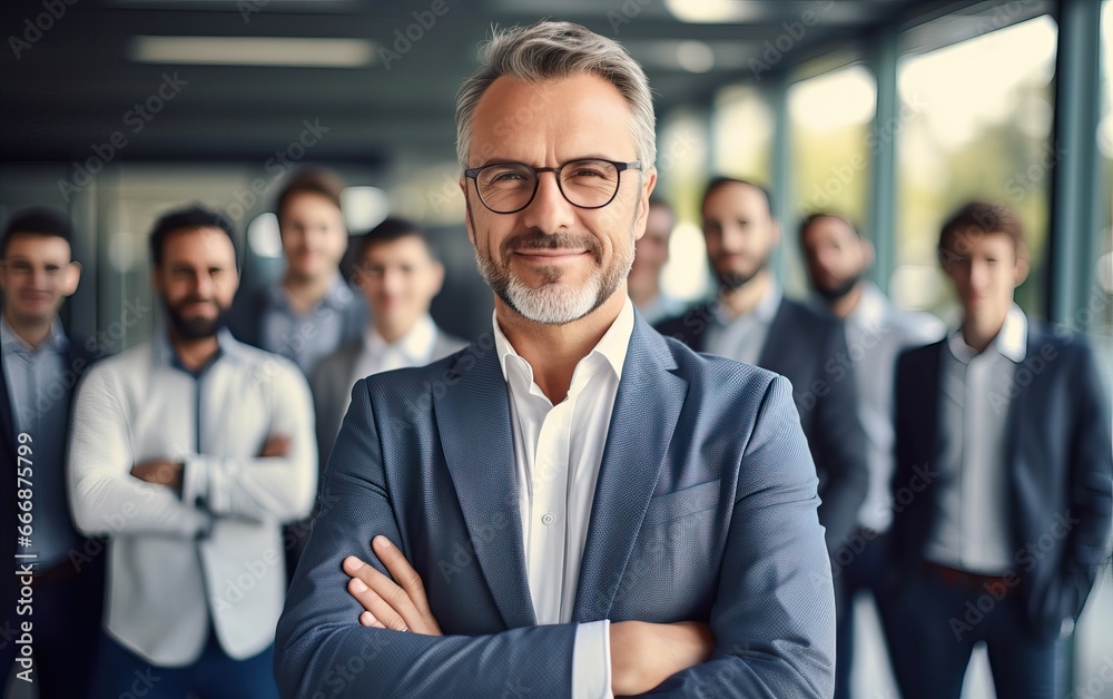 Businessman standing folded hand smile, businessman and businesswoman over big group of businesspeople background Businessman standing folded hand smile, businessman and businesswoman over big group of businesspeople background