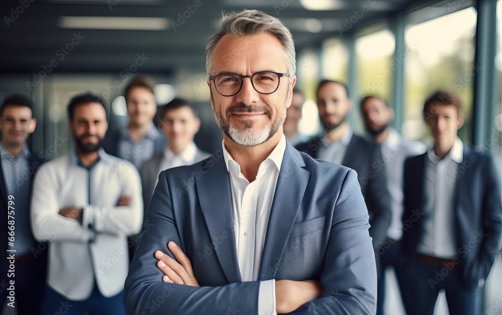 Businessman standing folded hand smile, businessman and businesswoman over big group of businesspeople background