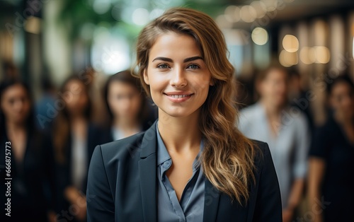 businesswoman human resource leader smiling with over big people group, businesspeople crowd background, businesswoman happy smile