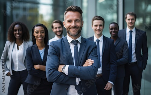 Businessman standing folded hand smile, businessman and businesswoman over big group of businesspeople background