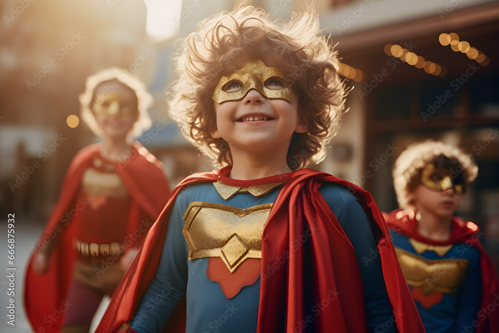 Fototapeta premium boy wearing a superhero costume and playing with his friends