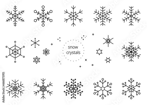 シンプルな雪の結晶の線画イラストセット　ベクター素材　snow crystal　snowflake