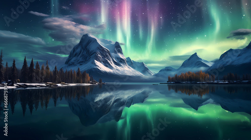 Northern Lights reflecting in a calm frozen lake photo