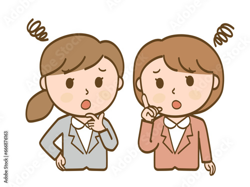 頭を悩ませるスーツ姿の女性会社員2人