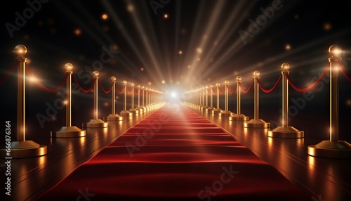 Realistic red carpet and pedestal with illumination and barrier fences with velvet rope