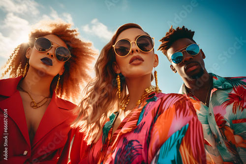 group of friends wearing colorful clothes and sunglasses