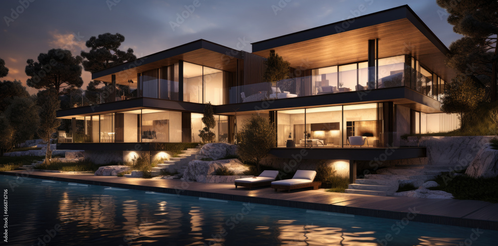 A luxury modern house at night