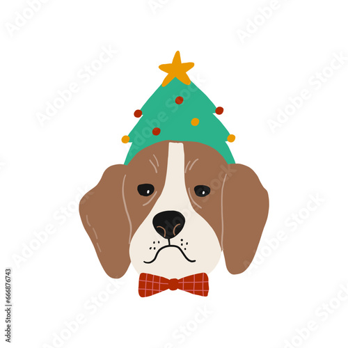 Cute cartoon Christmas dogs - vector prin in flat style. Holidays pet in Christmas hat. 