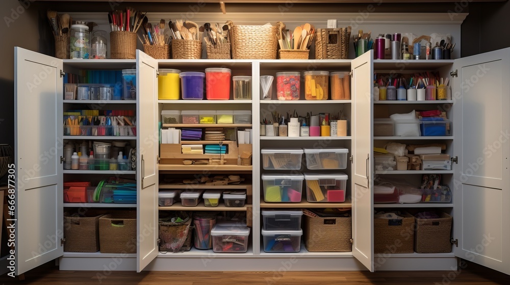A neatly organized arts and crafts closet with supplies sorted into bins