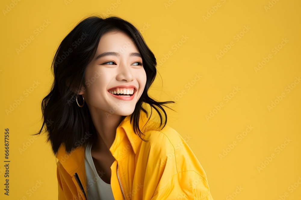portrait of an asian woman on a yellow background portrait of an asian woman on a yellow background