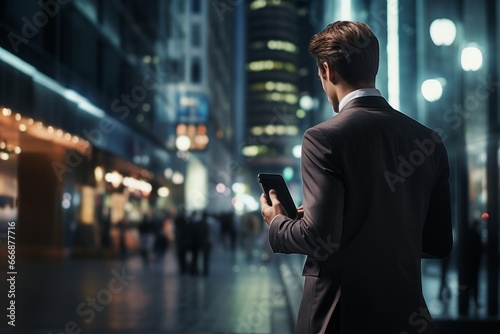 Back view of businessman using a smartphone at street in night