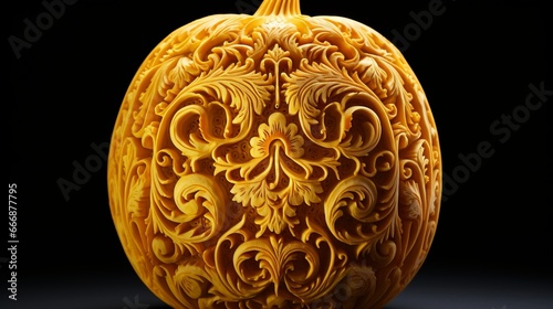Carved pumpkin with a spooky or intricate design, ideal for Halloween-themed projects