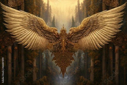 A forest-themed banner showcasing divine archangels with elegant wings. Generative AI photo