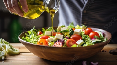 Close-up of a person's hand pouring olive oil into a salad, emphasizing the potential benefits of a Mediterranean diet for stroke prevention