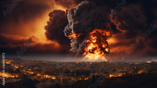 Conceptual image of big explosion with smoke and fire in the city