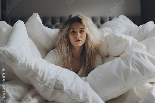 The woman woke up among pillows and blankets. Monday, hard day, depression and burnout photo