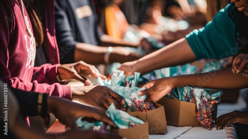 Close-up of hands assembling care packages for individuals experiencing homelessness, promoting compassion and support for vulnerable populations