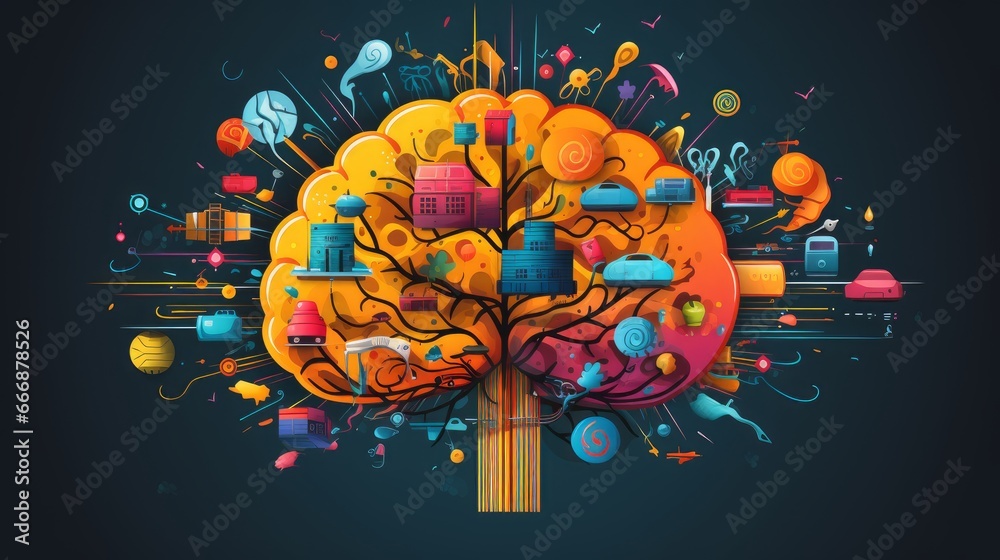 Colorful brain with various thoughts and emotions, emphasizing the importance of mental health - obrazy, fototapety, plakaty 
