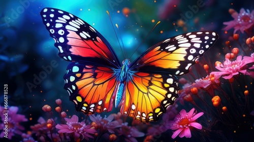 Vibrant butterfly in flight amidst a beautiful garden of blooming flowers