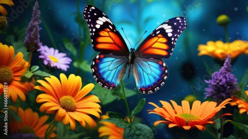 Colorful butterfly gracefully hovering above a vibrant garden of blooming flowers © KerXing