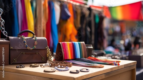 Colorful LGBTQ pride-themed accessories and flags displayed at a market stall