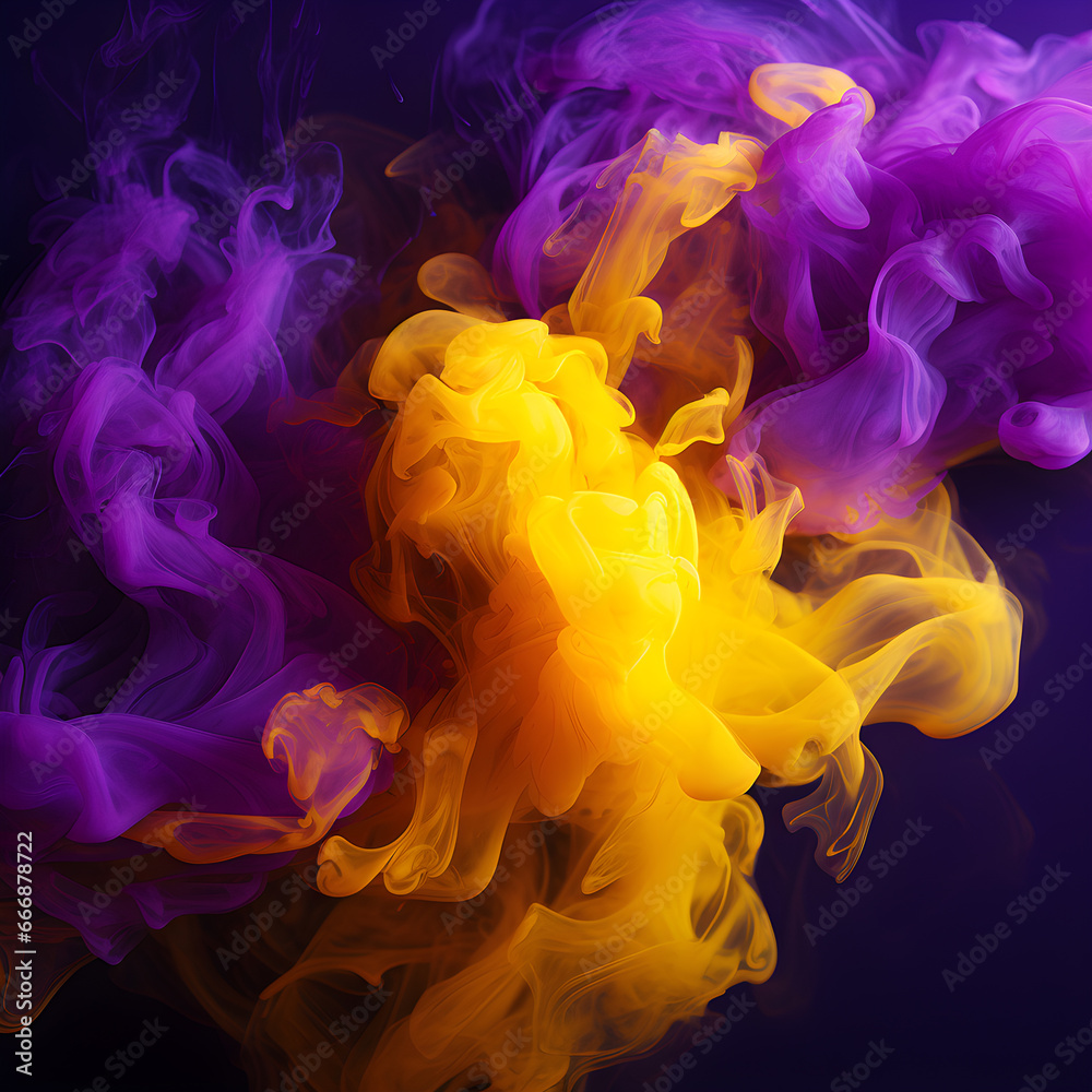 Yellow and purple smoke, dissolving in water abstract on dark background