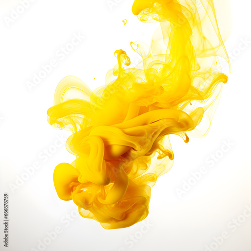 Yellow smoke, dissolving in water abstract on white background