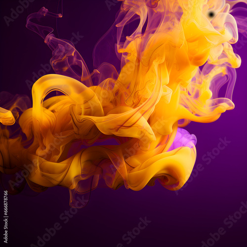 Yellow and purple smoke, dissolving in water abstract on dark background