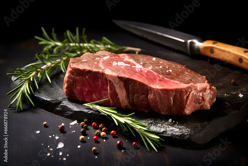 Raw beef steak with rosemary, pepper and knife on black background