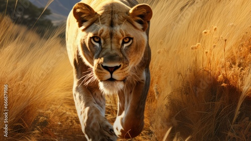 Majestic lion roaming through a golden grass field © KerXing