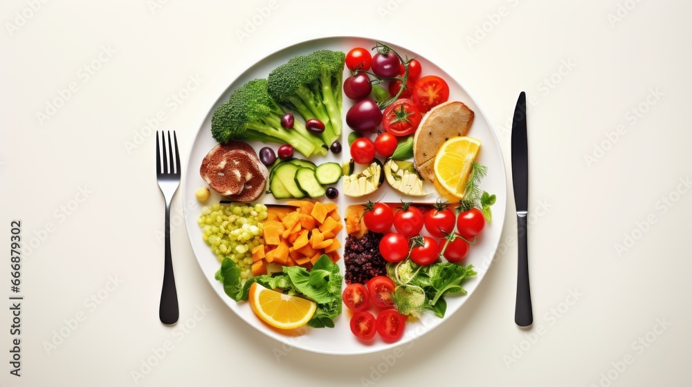 Graphic representation of a healthy plate with portion sizes for balanced meals, promoting nutritional guidelines for stroke prevention - obrazy, fototapety, plakaty 
