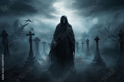 Grim reaper standing in a misty graveyard. Halloween horror background