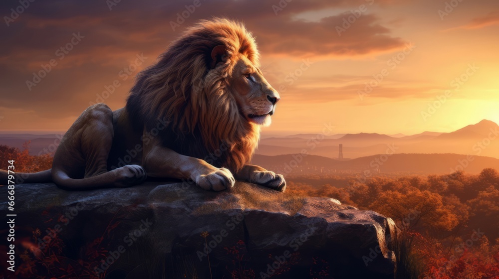 Majestic lion perched on a rock, overlooking a lush forest - obrazy, fototapety, plakaty 
