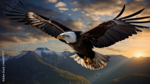 Majestic bald eagle in flight with stunning mountain scenery