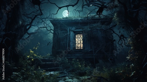 Moonlit haunted house with broken windows and overgrown ivy, evoking a sense of mystery and anticipation on Halloween night