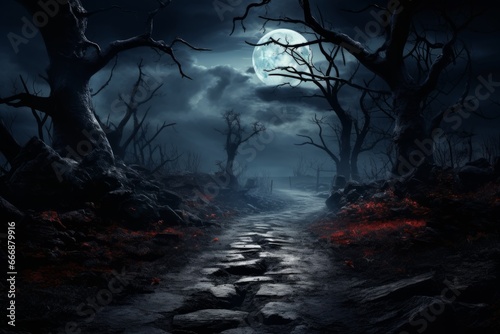 Moonlit path leading to an eerie destination. Halloween spooky background