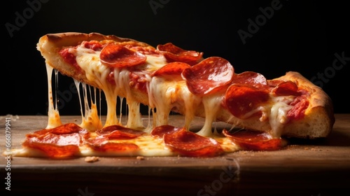 Mouthwatering slice of greasy pepperoni pizza with a gooey cheese topping