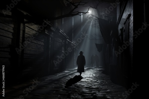 Mysterious shadows lurking in a dark alleyway. Halloween spooky background © KerXing