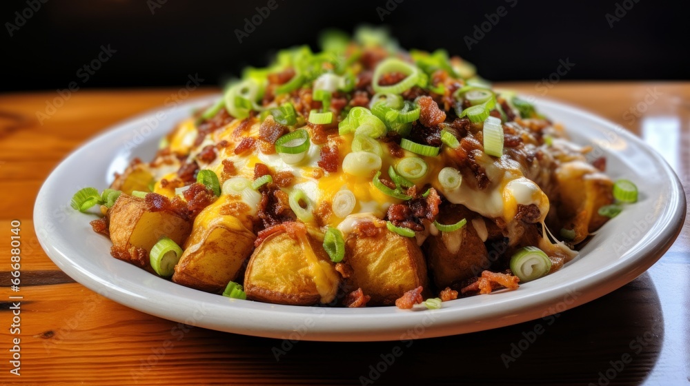 Plate of greasy and indulgent loaded tater tots topped with cheese, bacon, and green onions Plate of greasy and indulgent loaded tater tots topped with cheese, bacon, and green onions