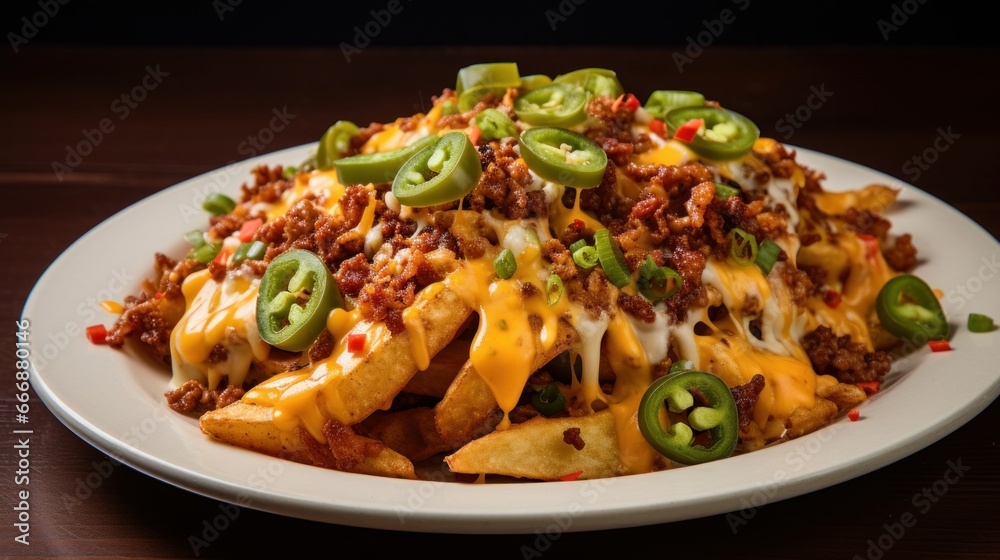 Plate of greasy and satisfying loaded cheese fries topped with chili, cheese, and jalapenos Plate of greasy and satisfying loaded cheese fries topped with chili, cheese, and jalapenos