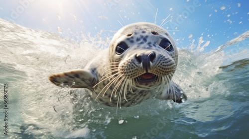 A close up of a seal in the water