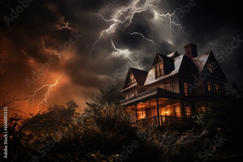 Raging thunderstorm illuminating a haunted house. Halloween horror background