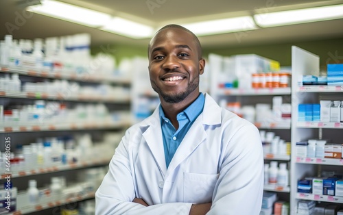 Handsome young male caucasian druggist pharmacist in white medical coat smiling and looking at camera in pharmacy drugstore © Kowit