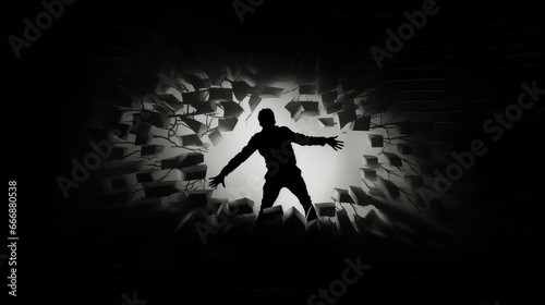 Silhouette of a person breaking through a brick wall, symbolizing the power of perseverance