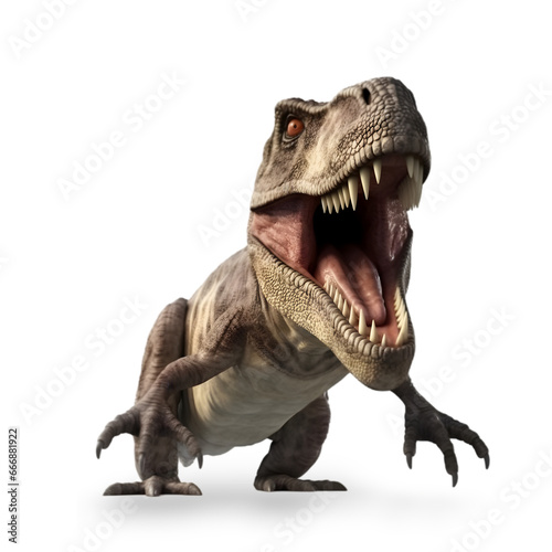 front view  close up of a Tyrannosaurus rex  facing the camera  roaring  its jaws wide open  isolated on transparent background. 