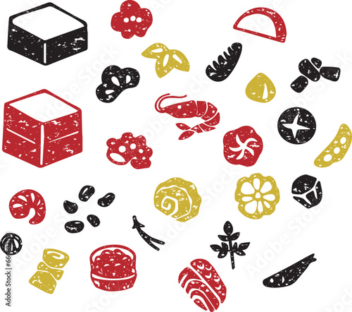 おせち料理　お正月　版画　判子　シルエット　手描き　日本　和食　イラスト素材セット