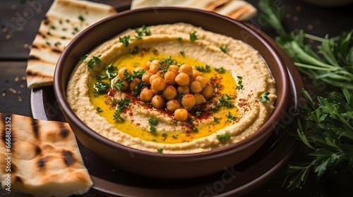 Classic hummus with parsley on the plate and pita bread. horizontal top view