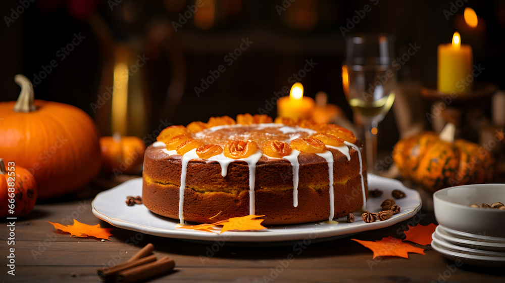 Pumpkin bundt cake with white glaze on wooden table